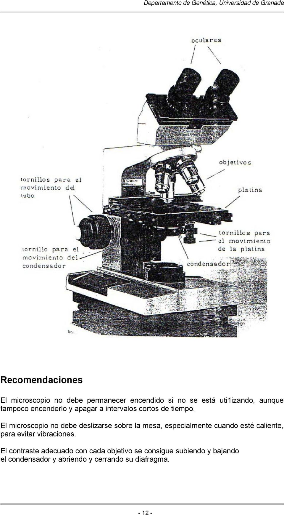 El microscopio no debe deslizarse sobre la mesa, especialmente cuando esté caliente, para evitar