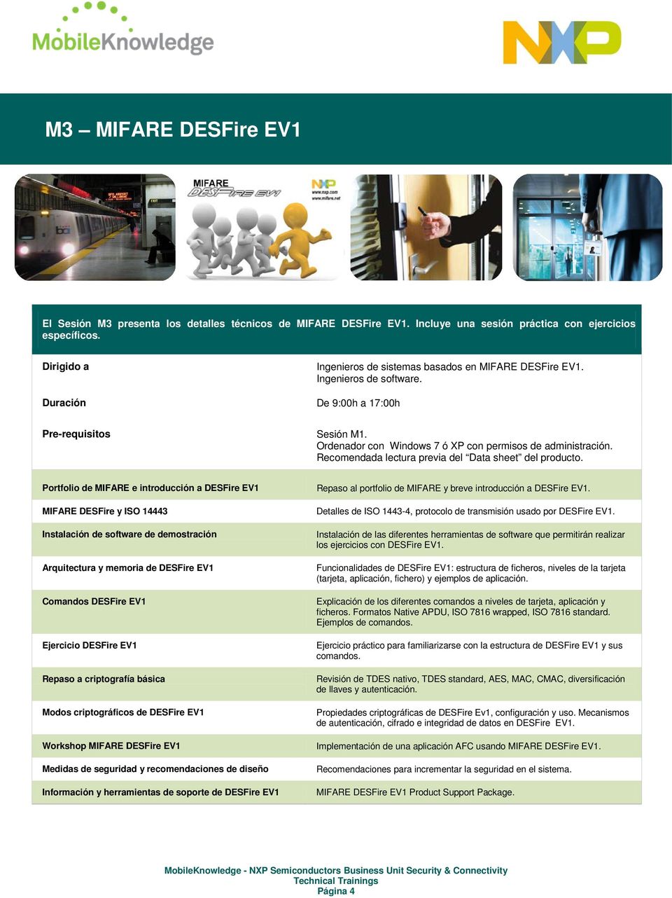 Portfolio de MIFARE e introducción a DESFire EV1 MIFARE DESFire y ISO 14443 Instalación de software de demostración Arquitectura y memoria de DESFire EV1 Comandos DESFire EV1 Ejercicio DESFire EV1