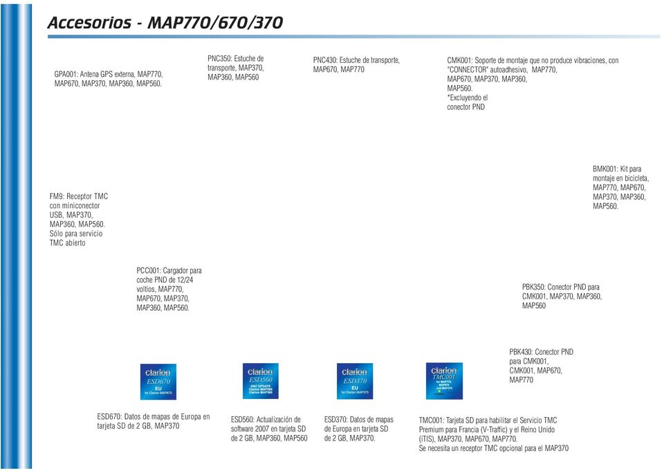 MAP670, MAP370, MAP360, MAP560. *Excluyendo el conector PND FM9: Receptor TMC con miniconector USB, MAP370, MAP360, MAP560.