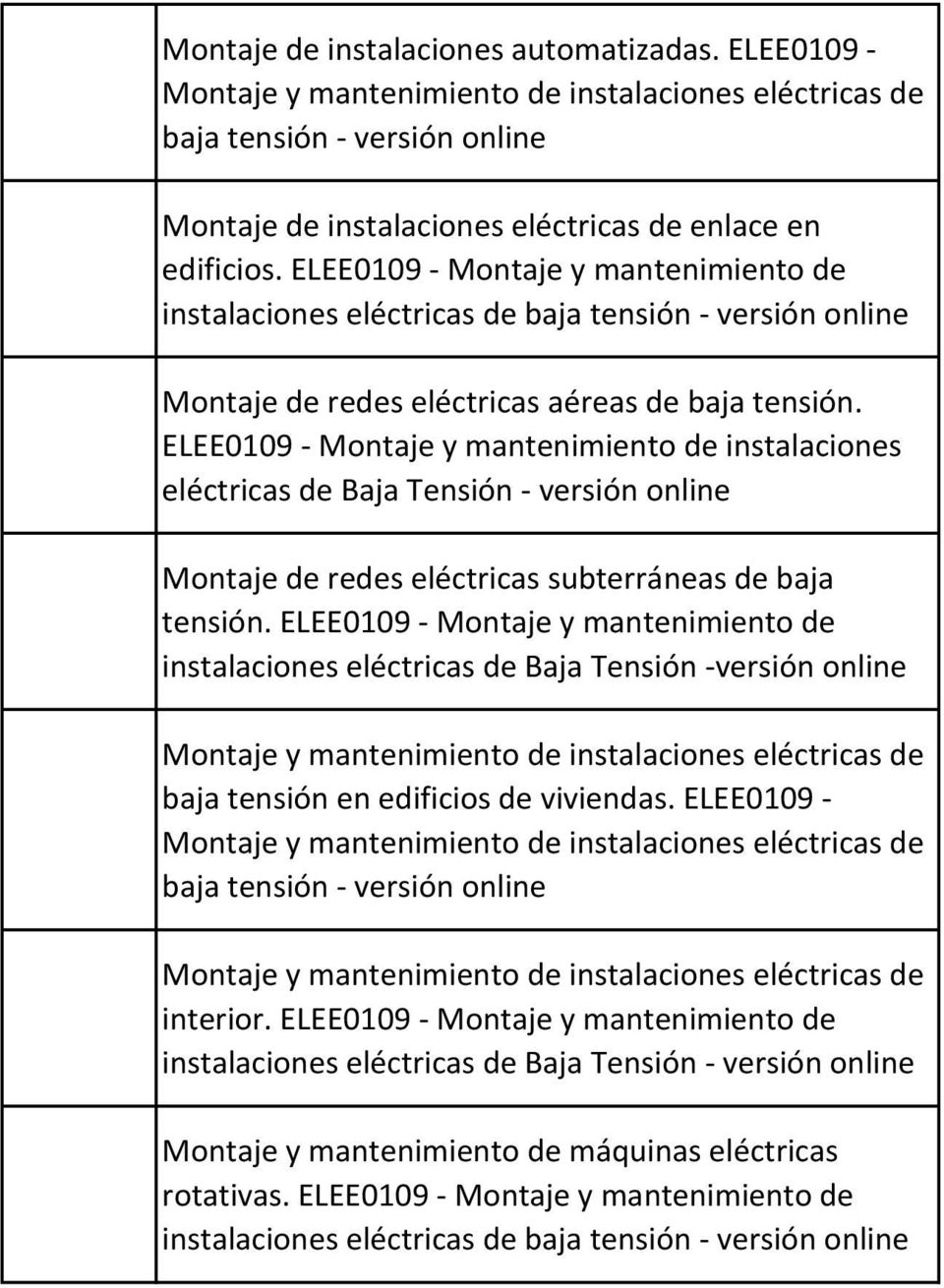 ELEE0109 - Montaje y mantenimiento de instalaciones eléctricas de Baja Tensión - Montaje de redes eléctricas subterráneas de baja tensión.