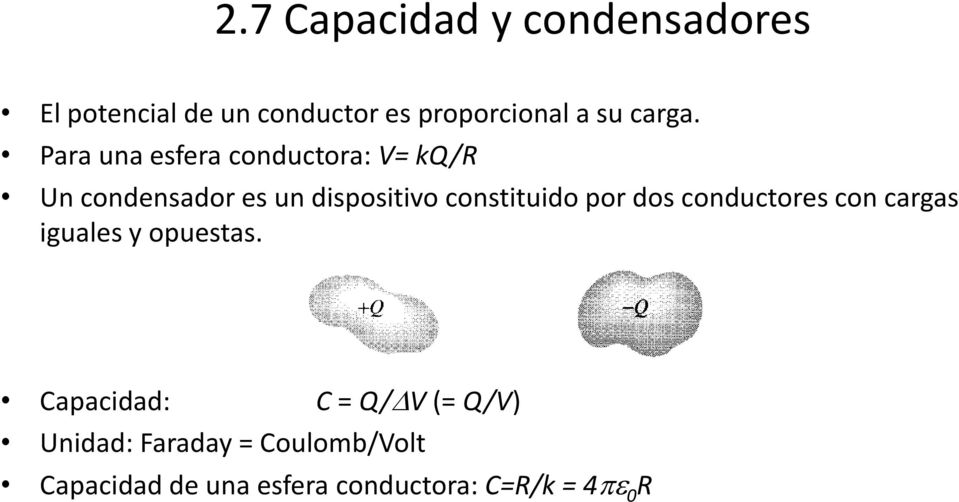 Para una esfera conductora: V= k/r Un condensador es un dispositivo