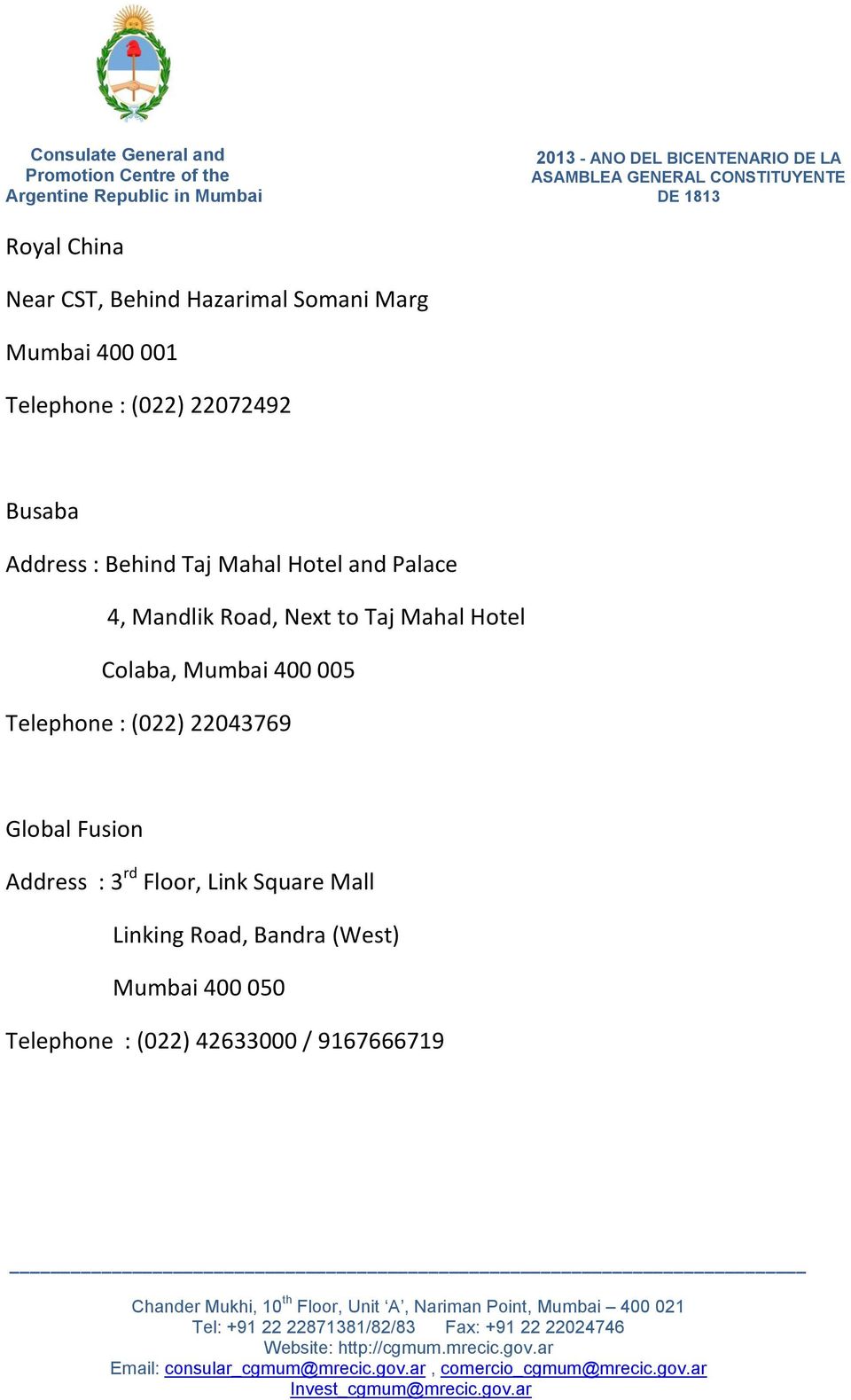 Colaba, Mumbai 400 005 Telephone : (022) 22043769 Global Fusion Address : 3 rd Floor, Link