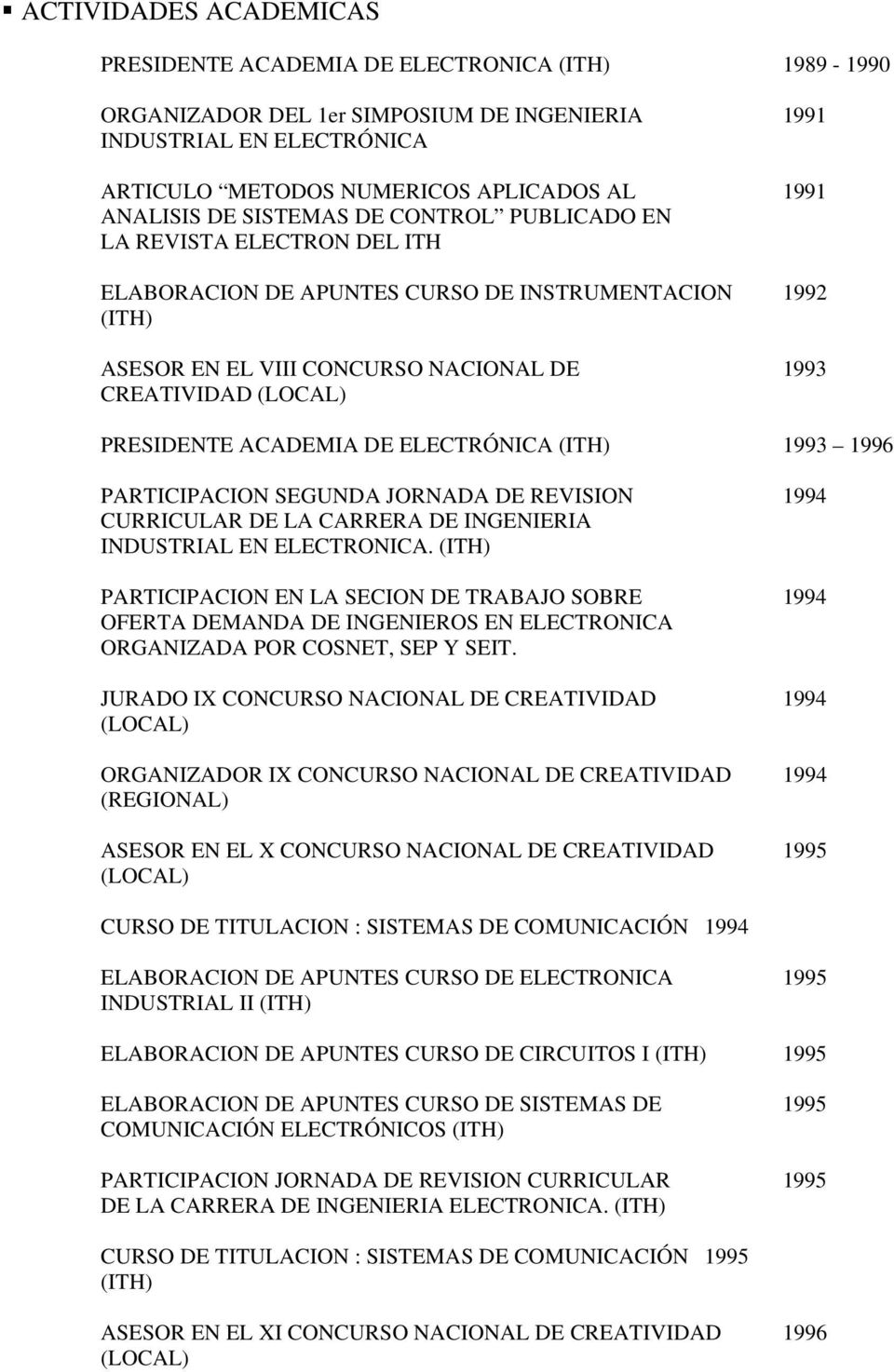 ACADEMIA DE ELECTRÓNICA (ITH) 1993 1996 PARTICIPACION SEGUNDA JORNADA DE REVISION 1994 CURRICULAR DE LA CARRERA DE INGENIERIA INDUSTRIAL EN ELECTRONICA.