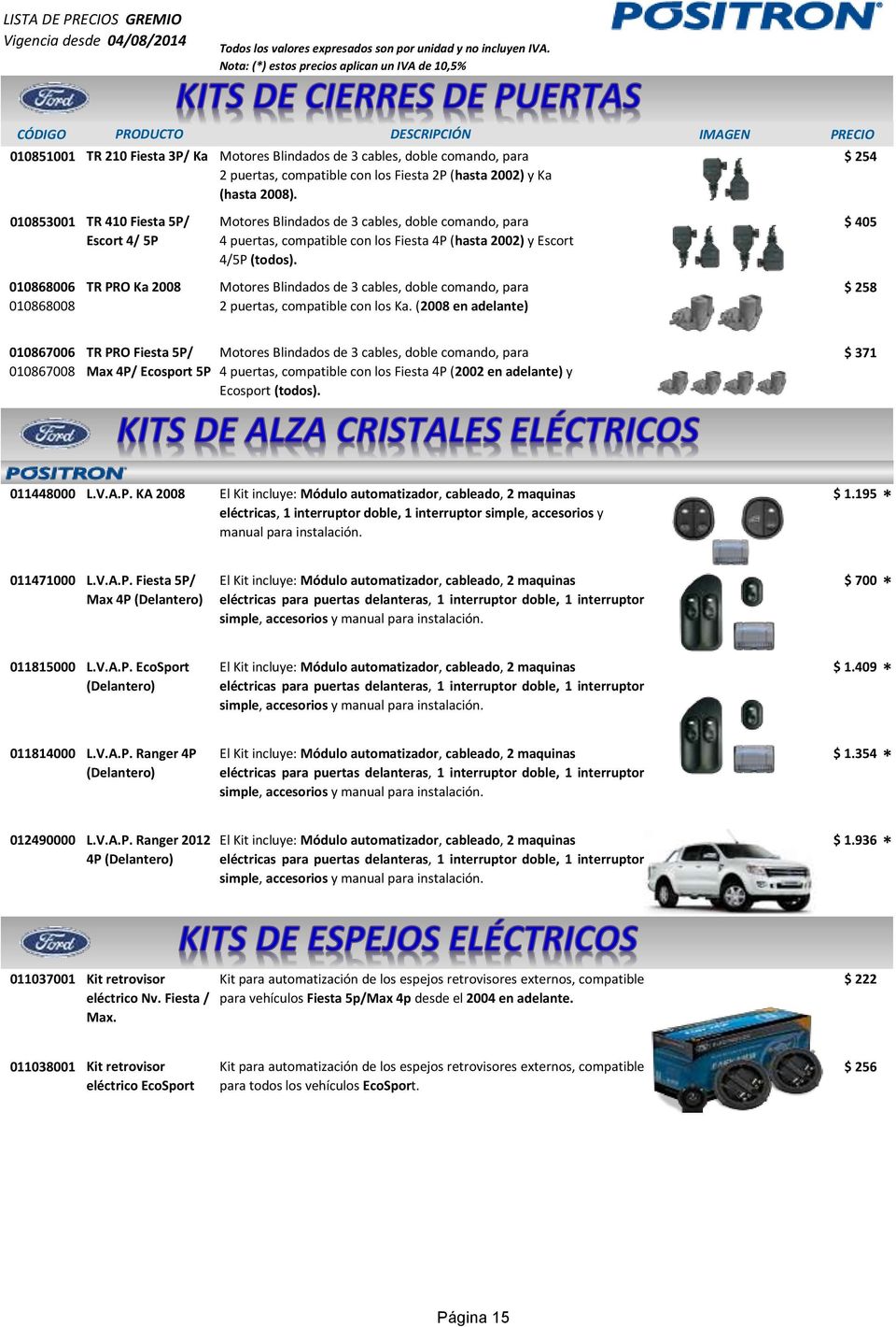 (2008 en adelante) $ 258 010867006 010867008 TR PRO Fiesta 5P/ Max 4P/ Ecosport 5P 4 puertas, compatible con los Fiesta 4P (2002 en adelante) y Ecosport (todos). $ 371 011448000 L.V.A.P. KA 2008 $ 1.