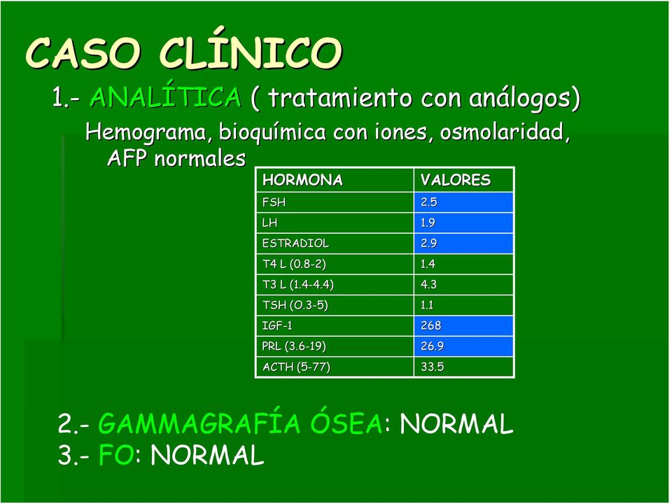 osmolaridad, AFP normales HORMONA FSH 2.5 LH 1.9 ESTRADIOL 2.9 T4 L (0.
