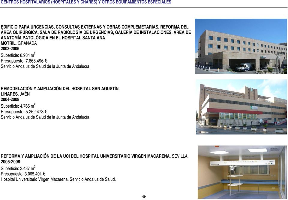 934 m 2 Presupuesto: 7.868.496 Servicio Andaluz de Salud de la Junta de Andalucía. REMODELACIÓN Y AMPLIACIÓN DEL HOSPITAL SAN AGUSTÍN. LINARES. JAÉN 2004-2008 Superficie: 4.765 m 2 Presupuesto: 5.