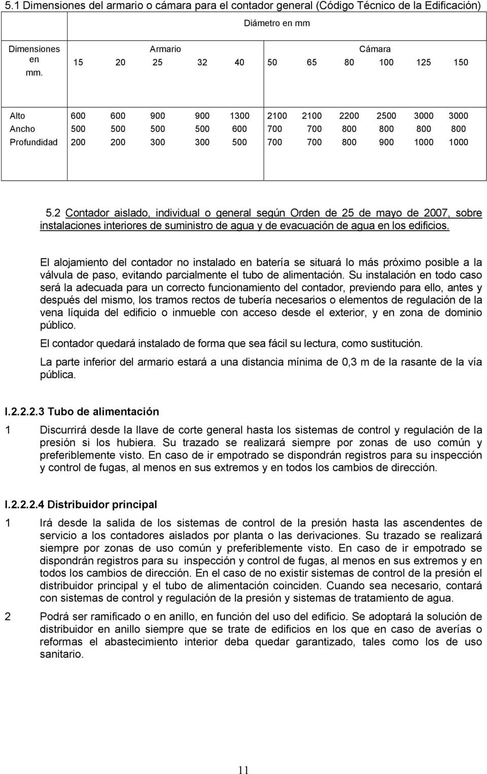 800 900 1000 1000 5.2 Contador aislado, individual o general según Orden de 25 de mayo de 2007, sobre instalaciones interiores de suministro de agua y de evacuación de agua en los edificios.