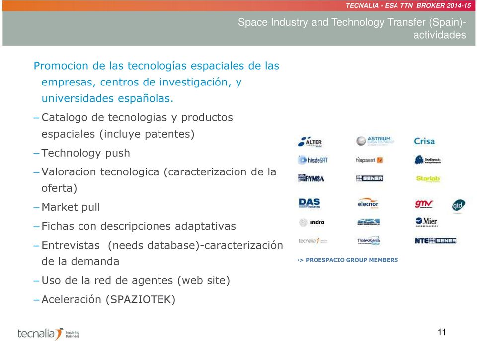 Catalogo de tecnologias y productos espaciales (incluye patentes) Technology push Valoracion tecnologica (caracterizacion de