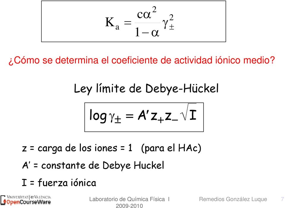 Ley límite de Debye-Hückel log A z z I z = carga