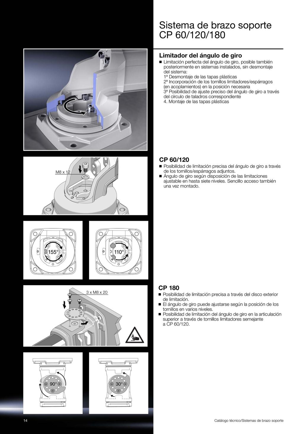 4. Montaje de las tapas plásticas M8 x 12 CP 60/120 Posibilidad de limitación precisa del ángulo de giro a través de los tornillos/espárragos adjuntos.