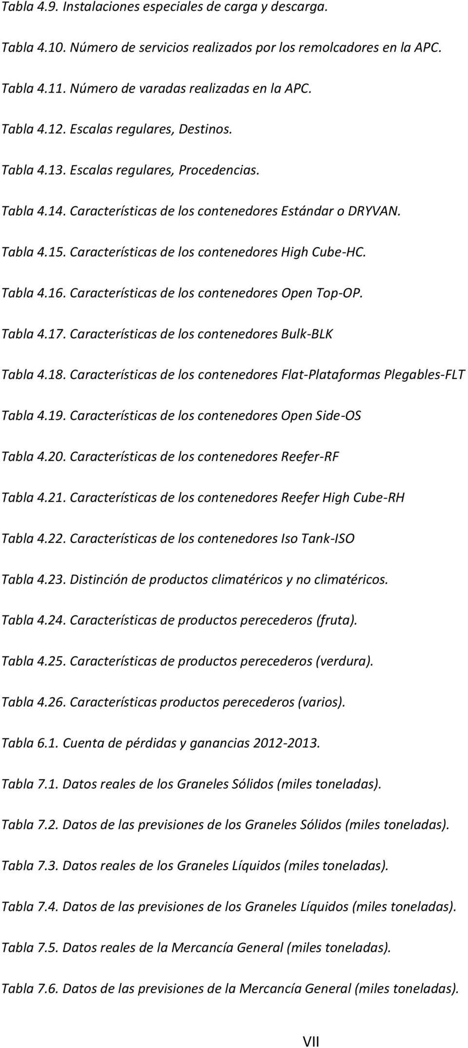 Características de los contenedores High Cube-HC. Tabla 4.16. Características de los contenedores Open Top-OP. Tabla 4.17. Características de los contenedores Bulk-BLK Tabla 4.18.