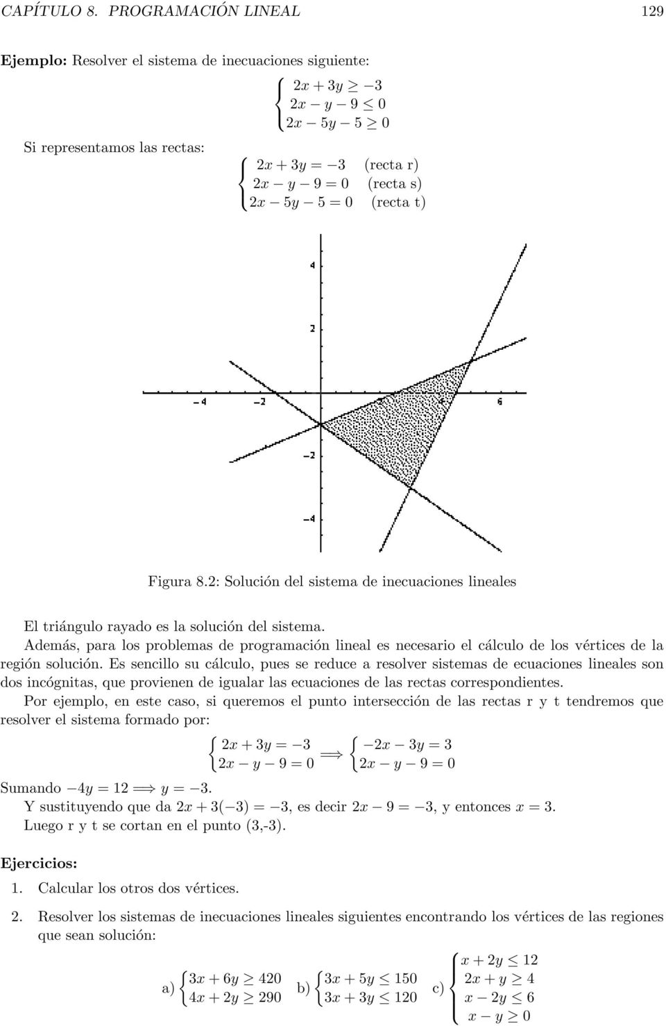 t) Figura 8.2: Solución del sistema de inecuaciones lineales El triángulo rayado es la solución del sistema.