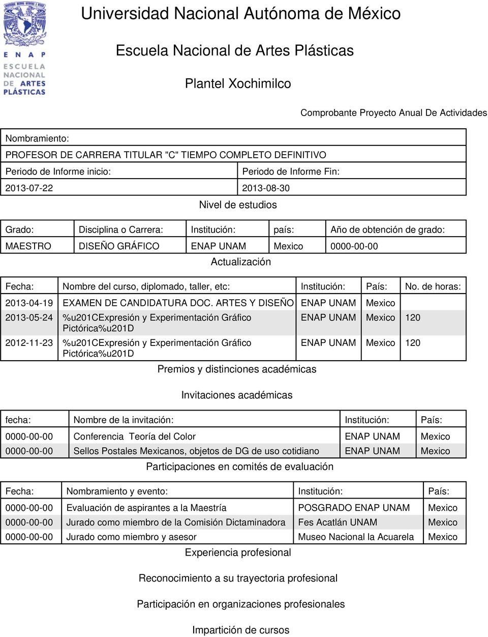ENAP UNAM Mexico 0000-00-00 Actualización Nombre del curso, diplomado, taller, etc: Institución: País: No. de horas: 2013-04-19 EXAMEN DE CANDIDATURA DOC.