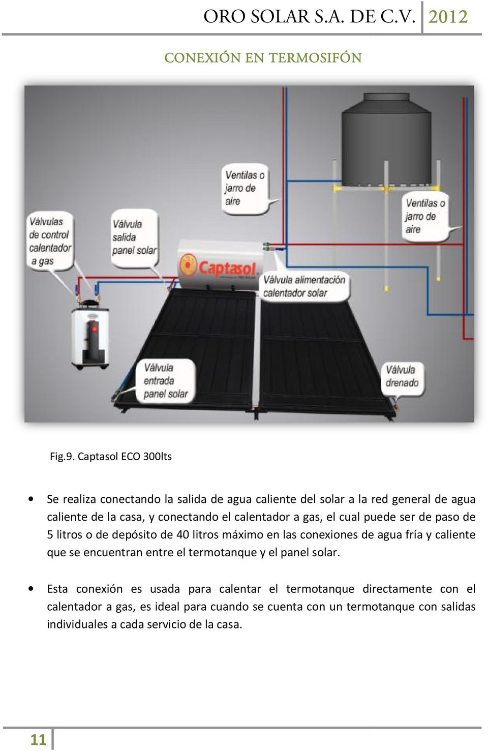 conectando el calentador a gas, el cual puede ser de paso de 5 litros o de depósito de 40 litros máximo en las conexiones de agua fría y