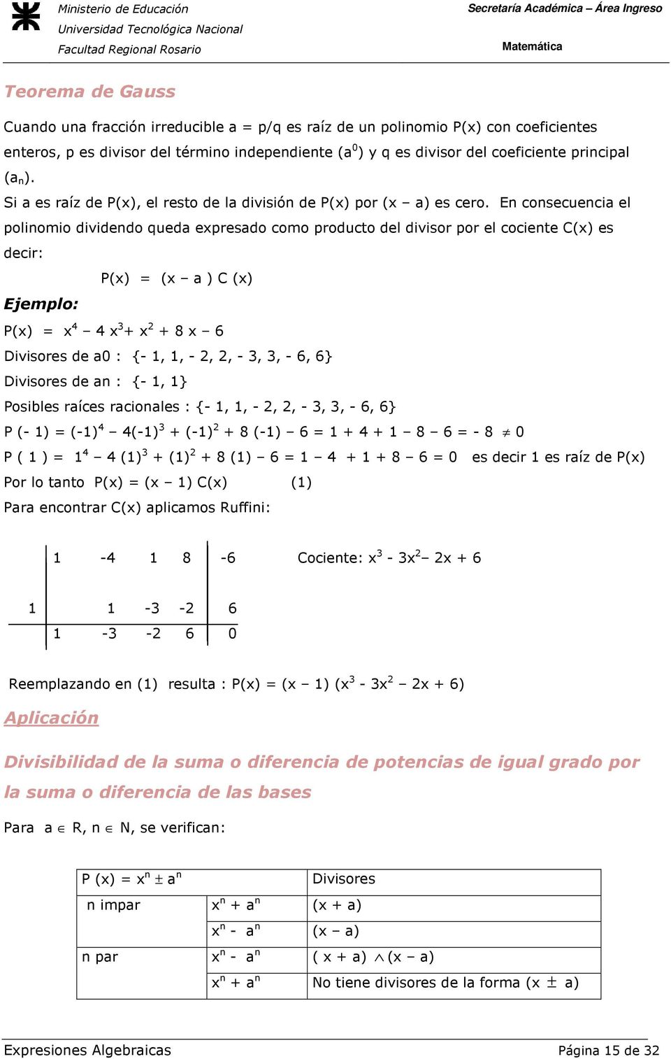 En consecuencia el polinomio dividendo queda epresado como producto del divisor por el cociente C() es decir: P() ( a ) C () P() 8 6 Divisores de a0 : {-,, -,, -,, - 6, 6} Divisores de an : {-, }