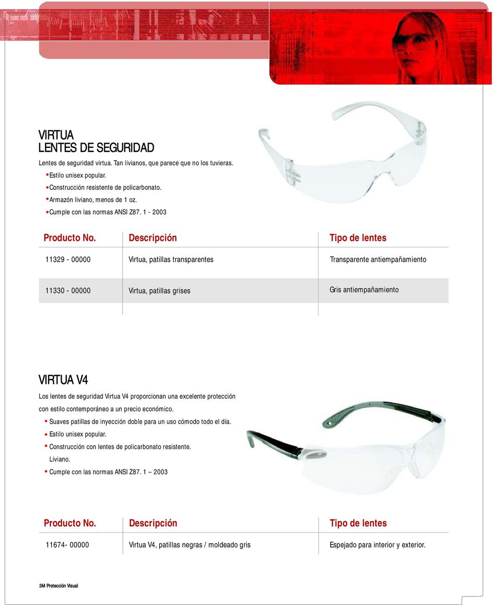 1-2003 11329-00000 Virtua, patillas transparentes Transparente antiempañamiento 11330-00000 Virtua, patillas grises Gris antiempañamiento VIRTUA V4 Los lentes de seguridad Virtua V4 proporcionan