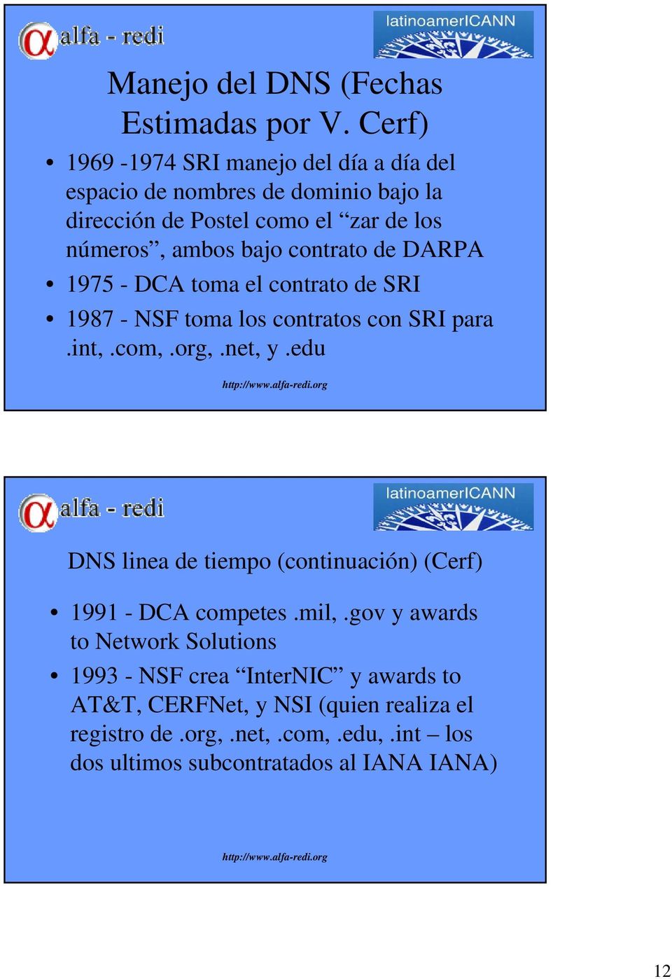 bajo contrato de DARPA 1975 - DCA toma el contrato de SRI 1987 - NSF toma los contratos con SRI para.int,.com,.org,.net, y.