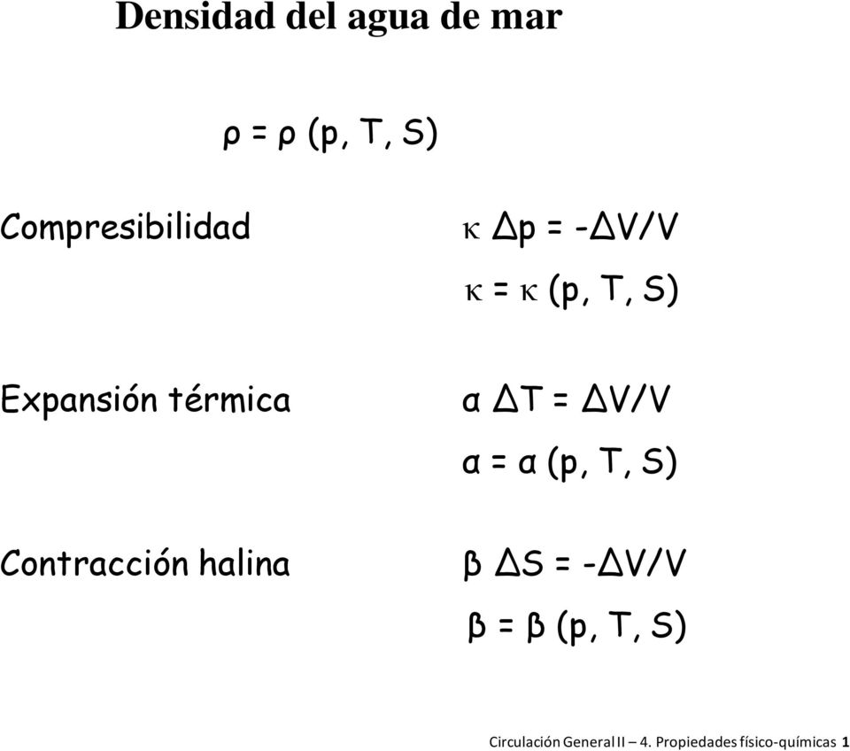 = α (p, T, S) Contracción halina β ΔS = -ΔV/V β = β (p, T,