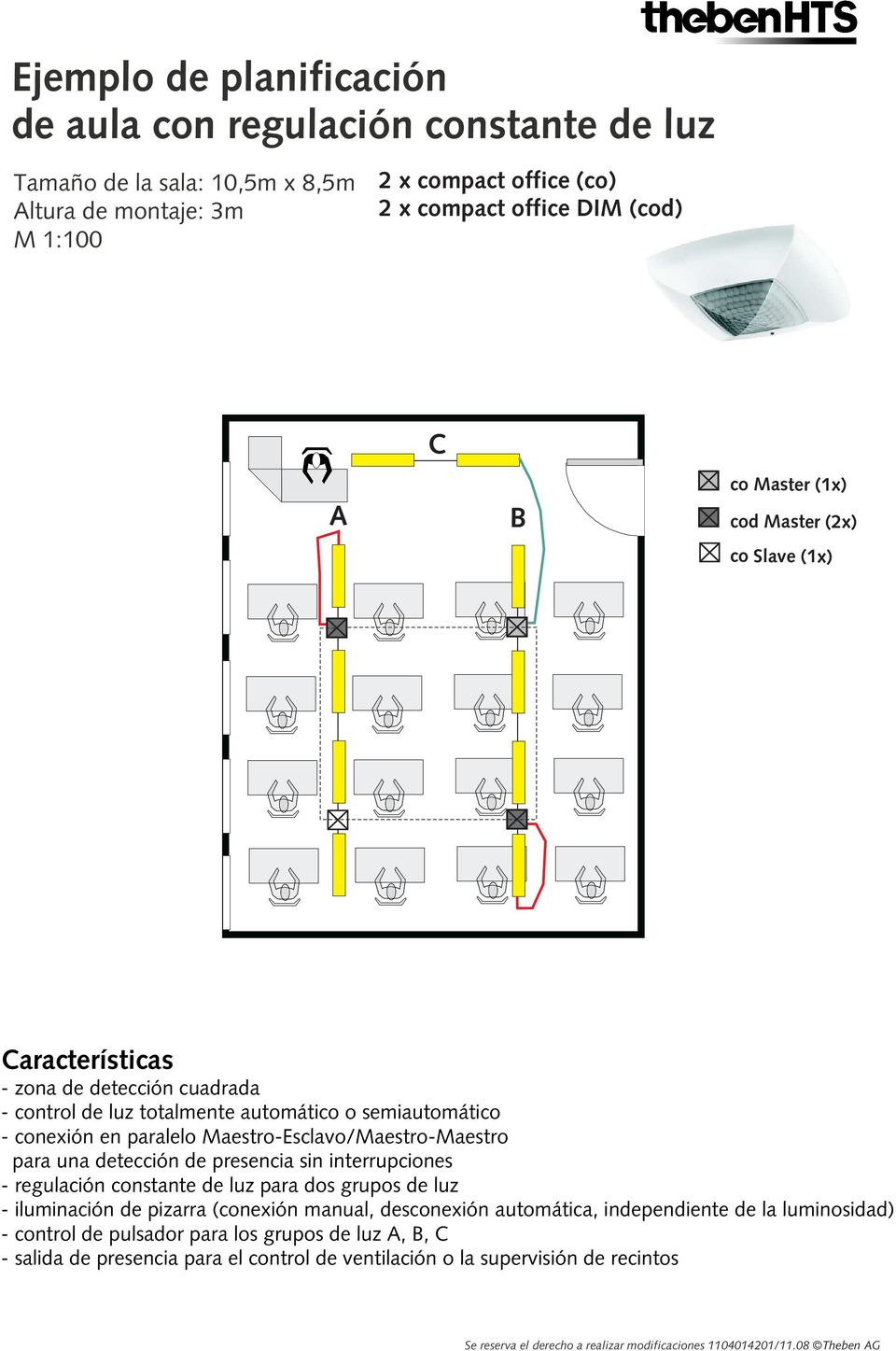 presencia sin interrupciones - regulación constante de luz para dos grupos de luz - iluminación de pizarra (conexión manual, desconexión automática, independiente de la luminosidad) - control