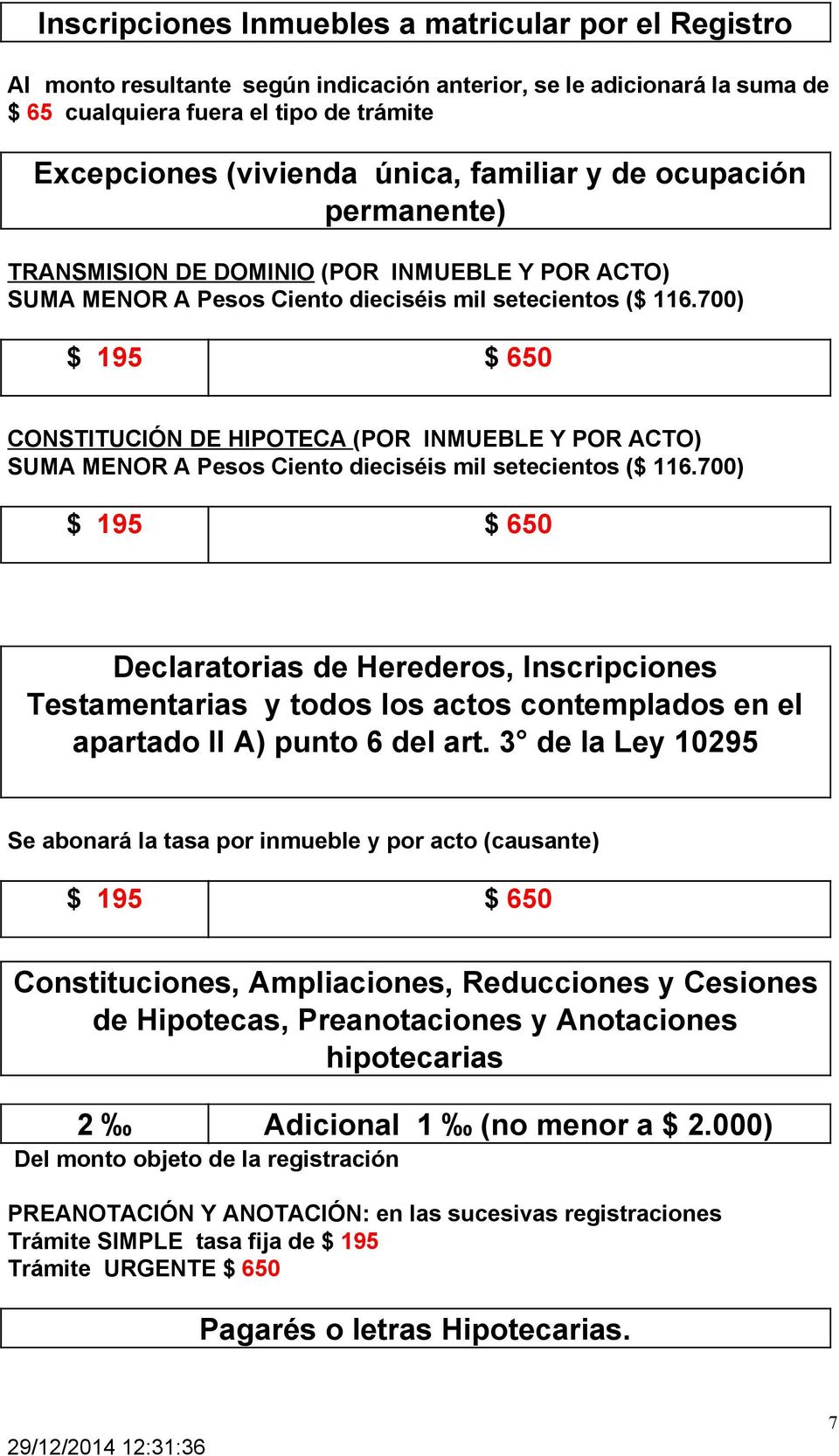700) CONSTITUCIÓN DE HIPOTECA (POR INMUEBLE Y POR ACTO) SUMA MENOR A Pesos Ciento dieciséis mil setecientos ($ 116.