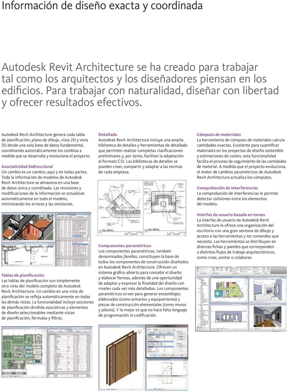 Autodesk Revit Architecture genera cada tabla de planificación, plano de dibujo, vista 2D y vista 3D desde una sola base de datos fundamental, coordinando automáticamente los cambios a medida que se