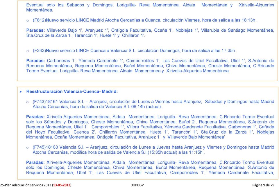 Cruz de la Zarza 1, Tarancón 1, Huete 1 y Chillarón 1. o (F343)Nuevo servicio LINCE Cuenca a Valencia S.I.. circulación Domingos, hora de salida a las 17:35h.