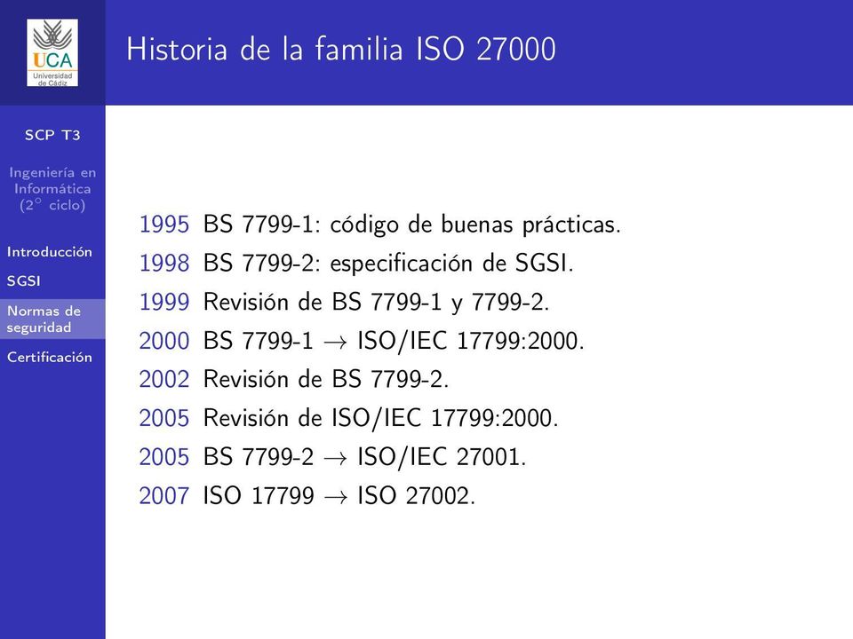 2000 BS 7799-1 ISO/IEC 17799:2000. 2002 Revisión de BS 7799-2.