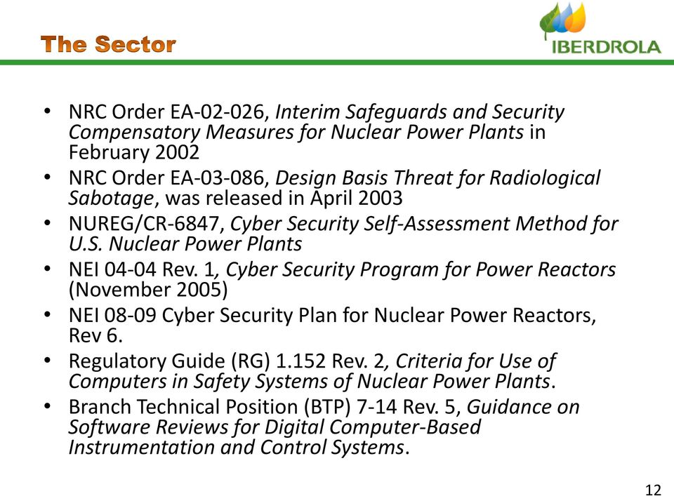 1, Cyber Security Program for Power Reactors (November 2005) NEI 08-09 Cyber Security Plan for Nuclear Power Reactors, Rev 6. Regulatory Guide (RG) 1.152 Rev.
