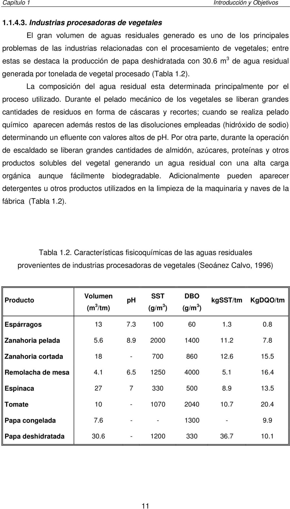 destaca la producción de papa deshidratada con 30.6 m 3 de agua residual generada por tonelada de vegetal procesado (Tabla 1.2).
