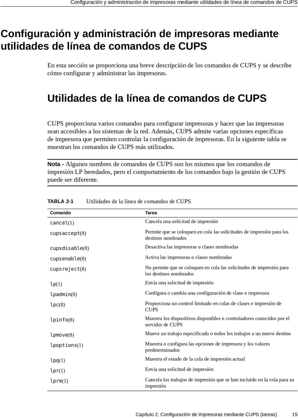 Utilidades de la línea de comandos de CUPS CUPS proporciona varios comandos para configurar impresoras y hacer que las impresoras sean accesibles a los sistemas de la red.