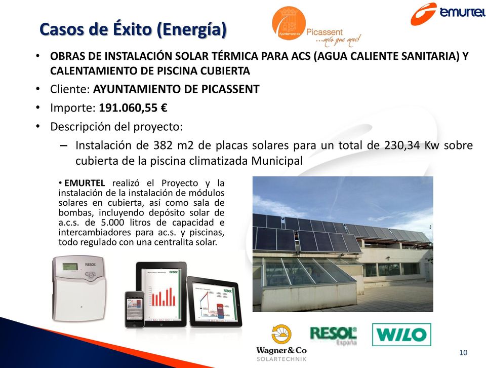 060,55 Instalación de 382 m2 de placas solares para un total de 230,34 Kw sobre cubierta de la piscina climatizada Municipal EMURTEL realizó el