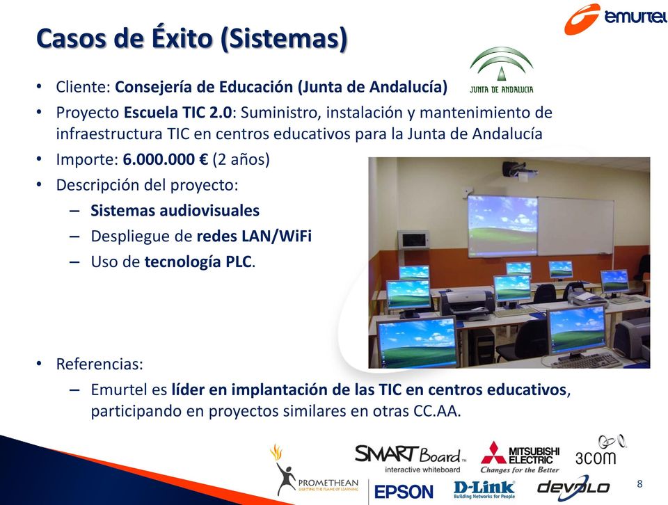 Andalucía Importe: 6.000.000 (2 años) Sistemas audiovisuales Despliegue de redes LAN/WiFi Uso de tecnología PLC.