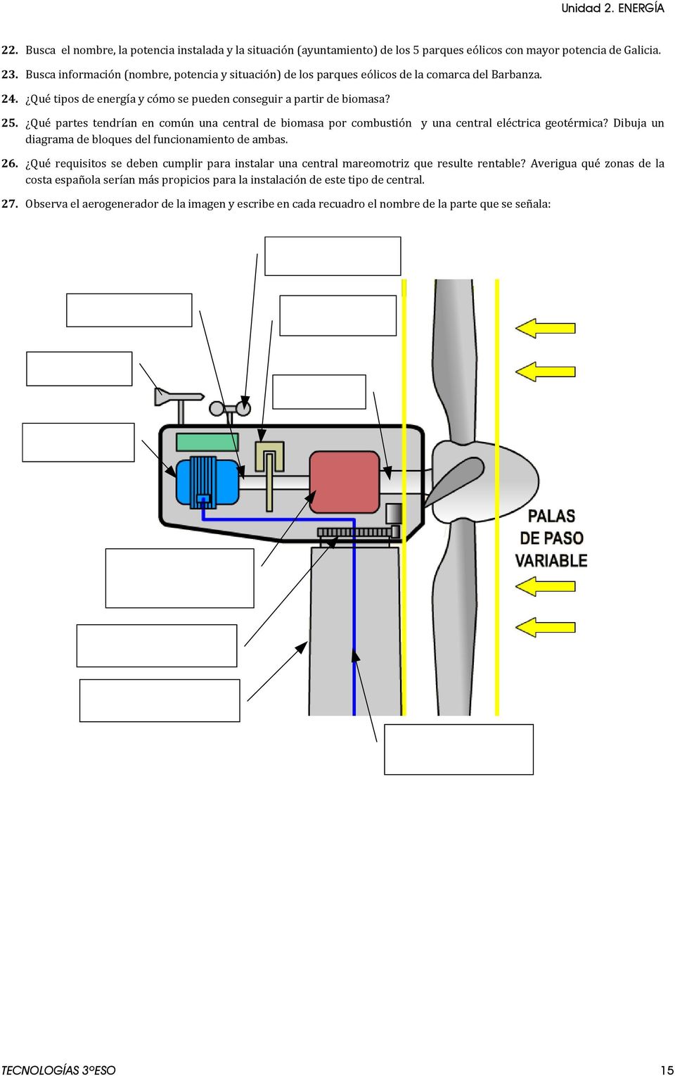 Qué partes tendrían en común una central de biomasa por combustión y una central eléctrica geotérmica? Dibuja un diagrama de bloques del funcionamiento de ambas. 26.