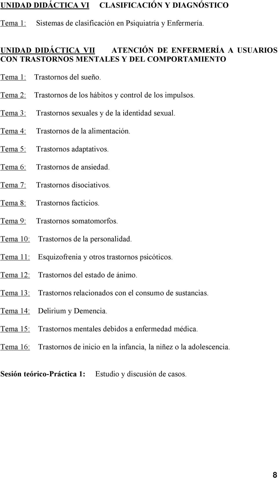 Tema 13: Tema 14: Tema 15: Tema 16: Trastornos del sueño. Trastornos de los hábitos y control de los impulsos. Trastornos sexuales y de la identidad sexual. Trastornos de la alimentación.