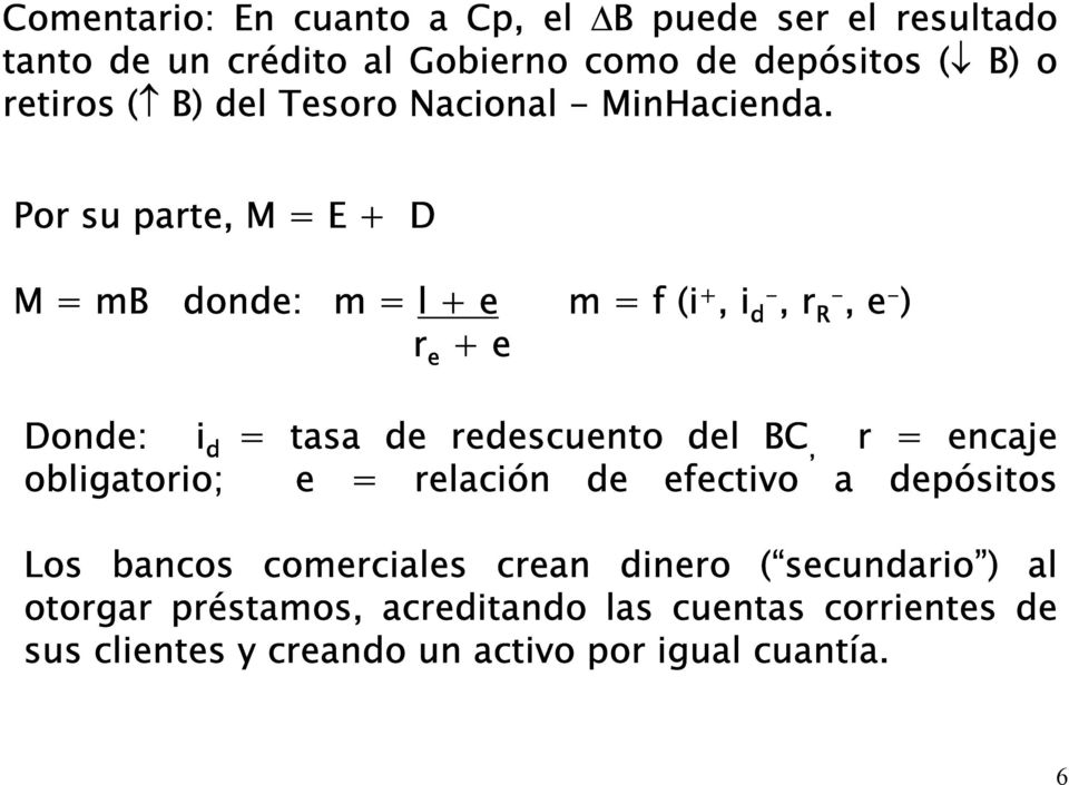 Por su parte, M = E + D M = mb donde: m = l + e m = f (i +, i d-, r R-, e - ) r e + e Donde: i d = tasa de redescuento del BC, r