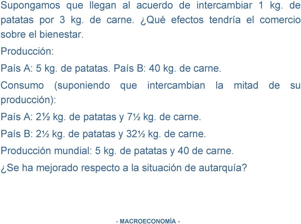 Consumo (suponiendo que intercambian la mitad de su producción): País A: 2½ kg. de patatas y 7½ kg. de carne.