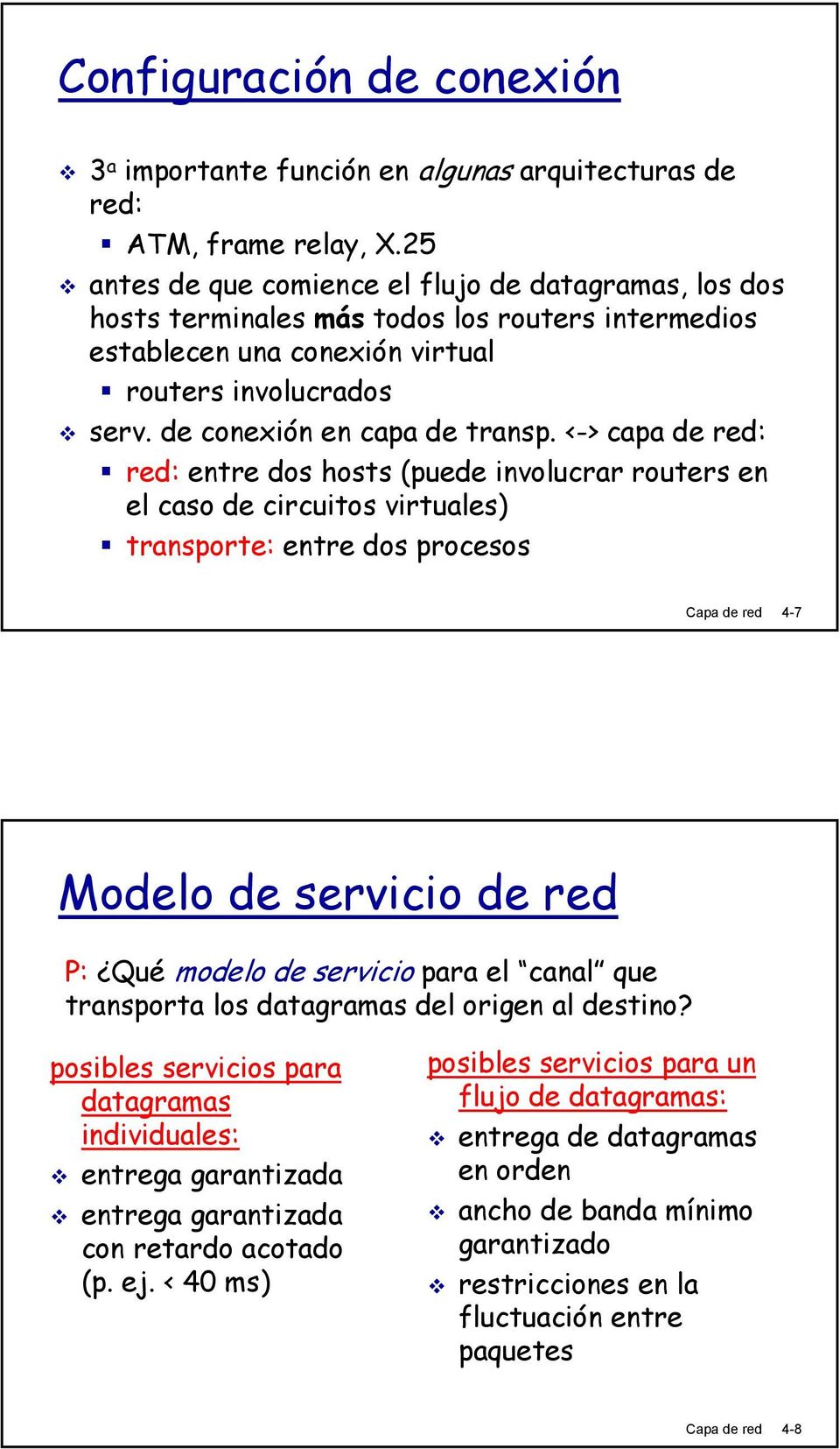 <-> capa de red: red: entre dos hosts (puede involucrar routers en el caso de circuitos virtuales) transporte: entre dos procesos Capa de red 4-7 Modelo de servicio de red P: Qué modelo de servicio