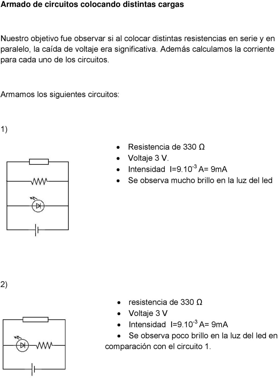 Armamos los siguientes circuitos: 1) Resistencia de 330 Ω Voltaje 3 V. Intensidad I=9.