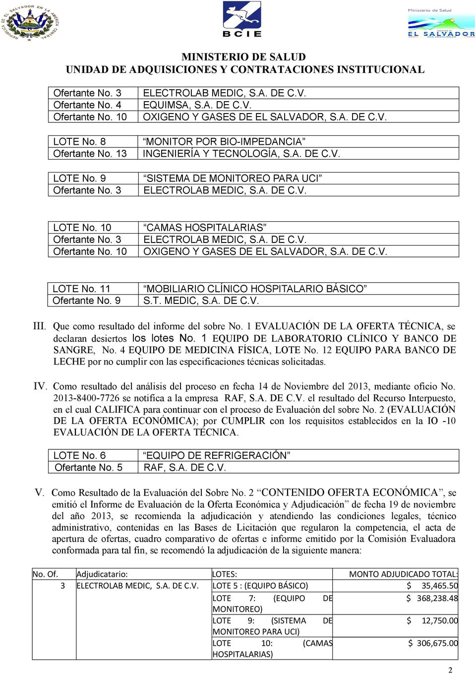 A. DE C.V. LOTE No. 11 Ofertante No. 9 MOBILIARIO CLÍNICO HOSPITALARIO BÁSICO S.T. MEDIC, S.A. DE C.V. III. Que como resultado del informe del sobre No.