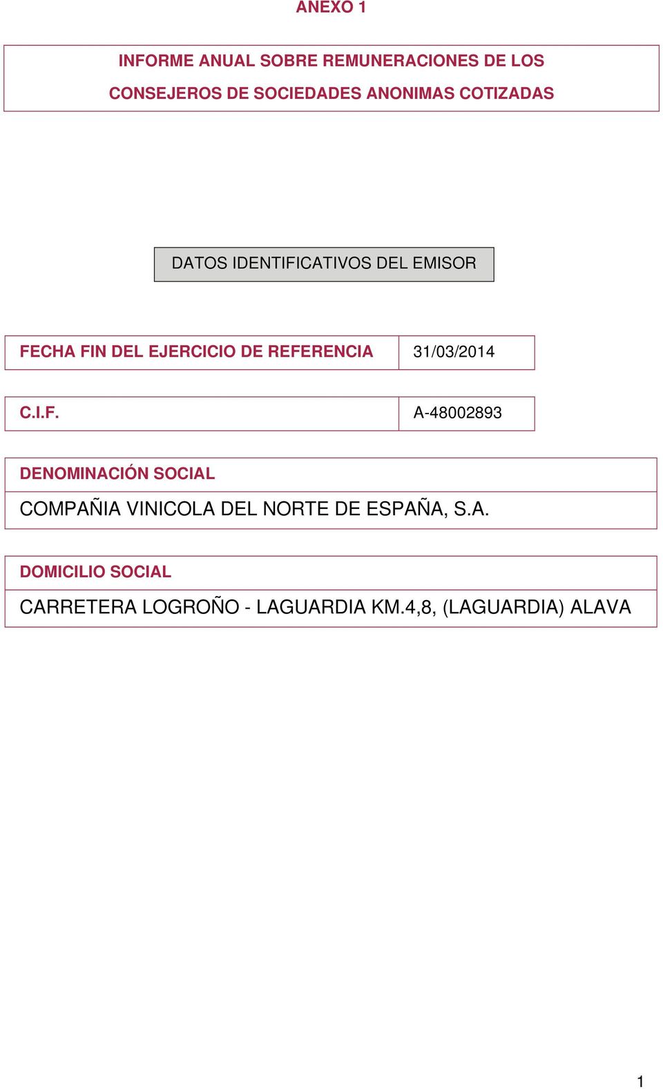 REFERENCIA 31/03/2014 C.I.F. A-48002893 DENOMINACIÓN SOCIAL COMPAÑIA VINICOLA DEL NORTE DE ESPAÑA, S.
