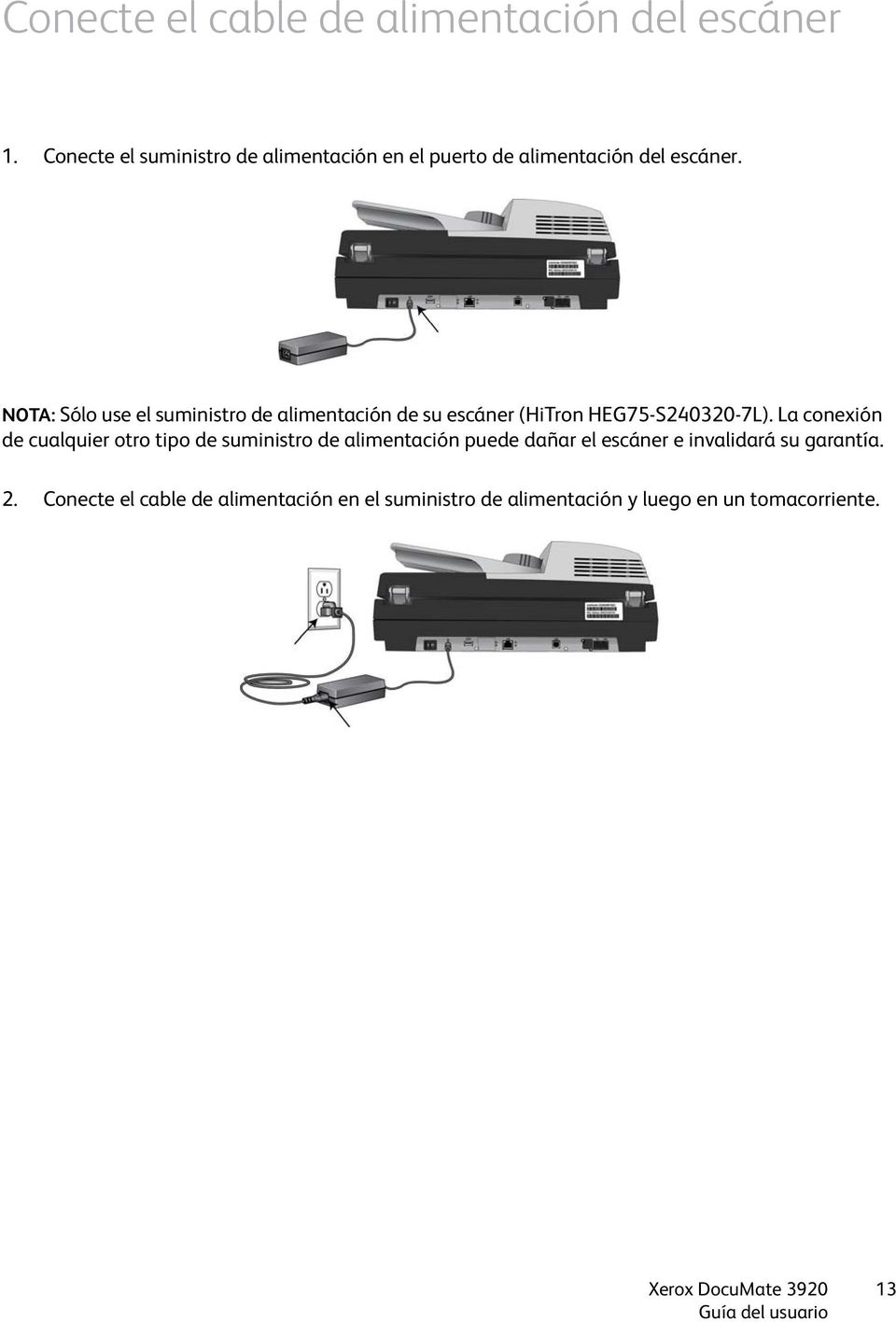 NOTA: Sólo use el suministro de alimentación de su escáner (HiTron HEG75-S240320-7L).
