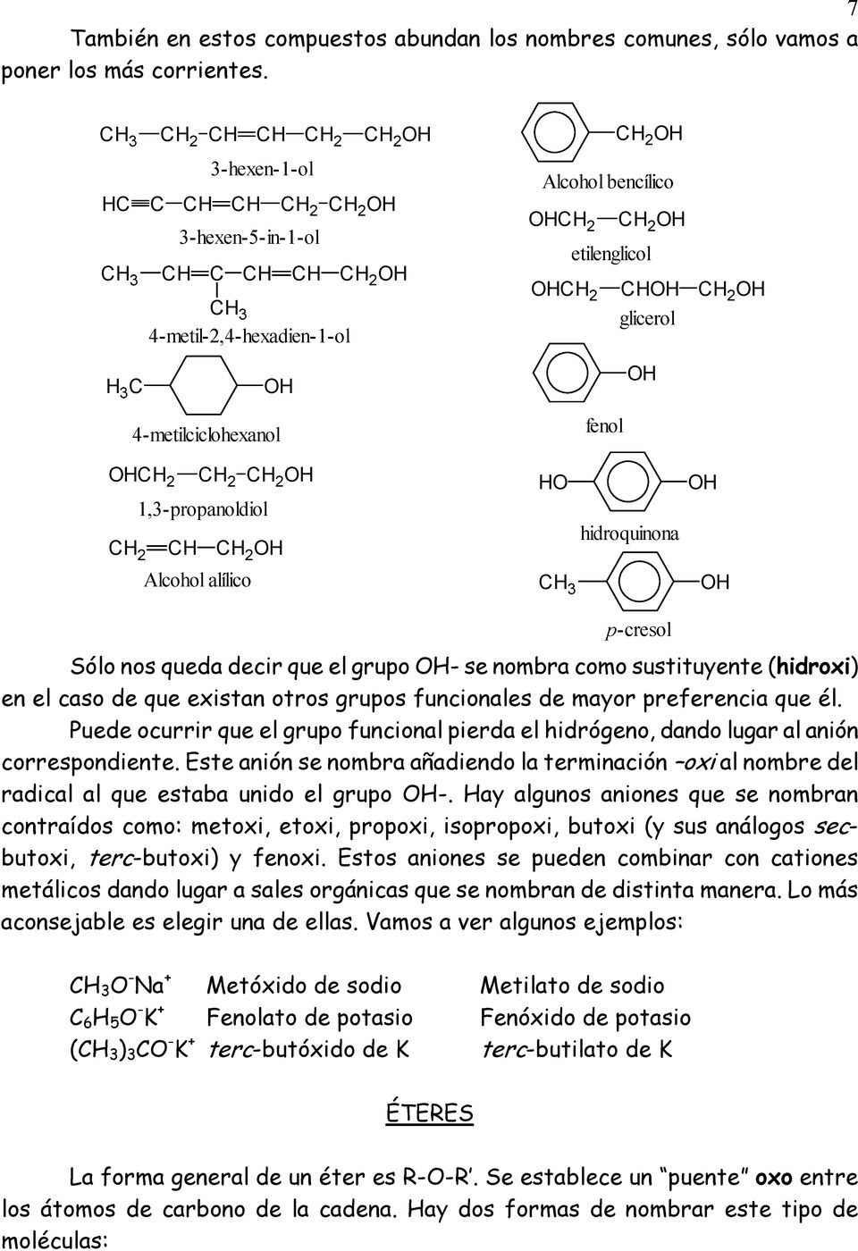 etilenglicol OHCH 2 CHOH CH 2 OH glicerol OH fenol OHCH 2 CH 2 CH 2 OH 1,3-propanoldiol CH 2 CH CH 2 OH Alcohol alílico HO hidroquinona OH OH Sólo nos queda decir que el grupo OH- se nombra como