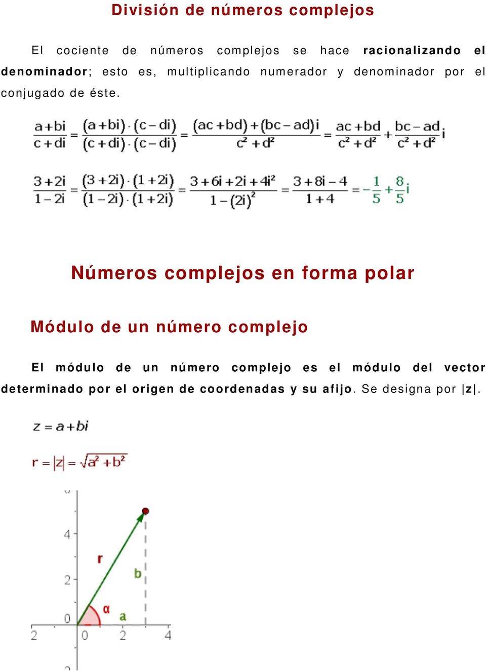 Números complejos en forma polar Módulo de un número complejo El módulo de un número