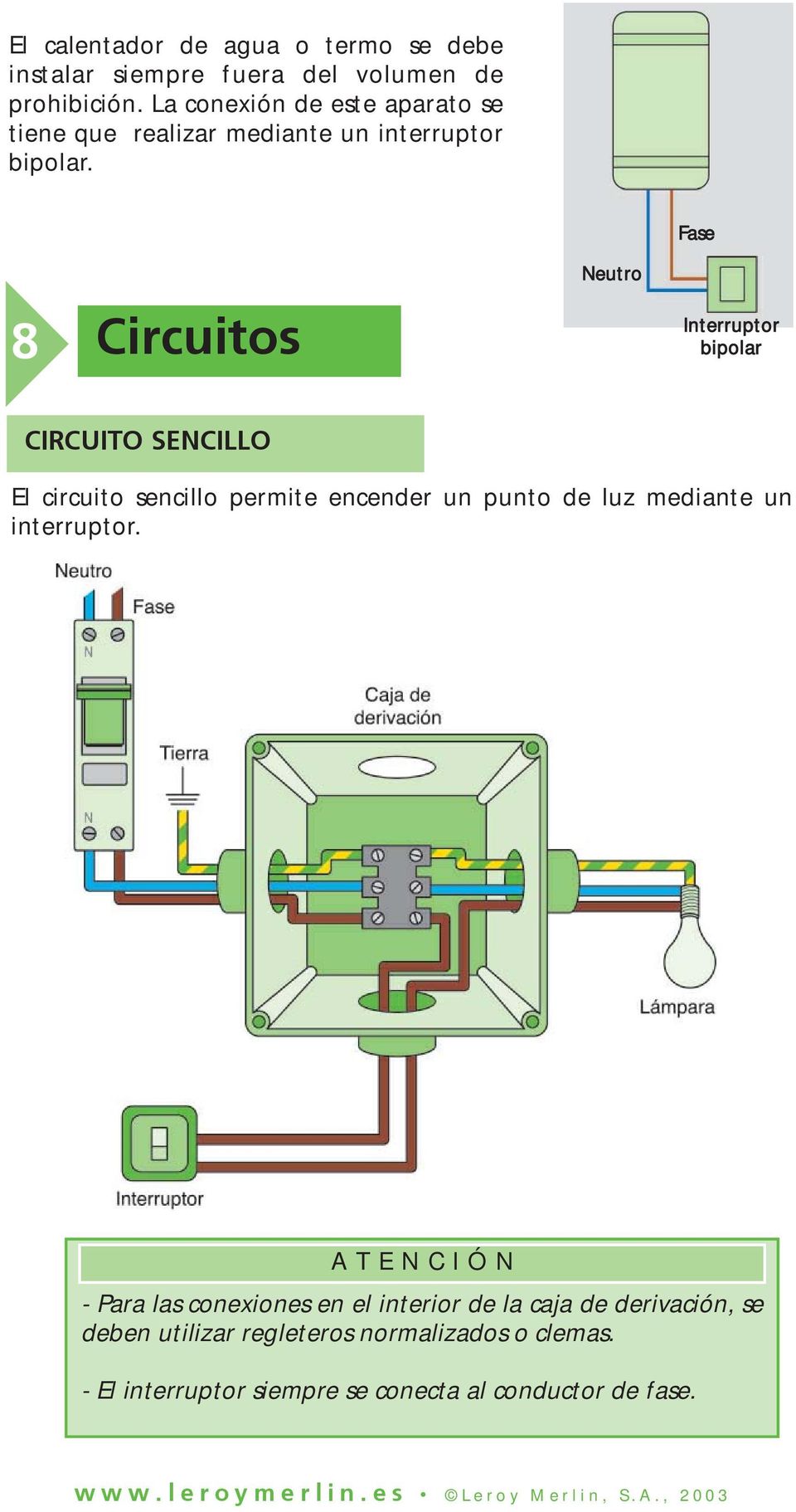 8 Circuitos Neutro Fase Interruptor bipolar CIRCUITO SENCILLO El circuito sencillo permite encender un punto de luz