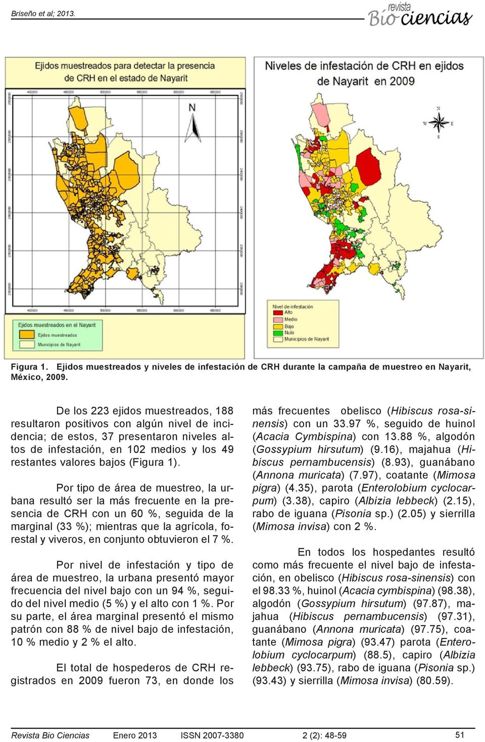 Por tipo de área de muestreo, la urbana resultó ser la más frecuente en la presencia de CRH con un 60 %, seguida de la marginal (33 %); mientras que la agrícola, forestal y viveros, en conjunto
