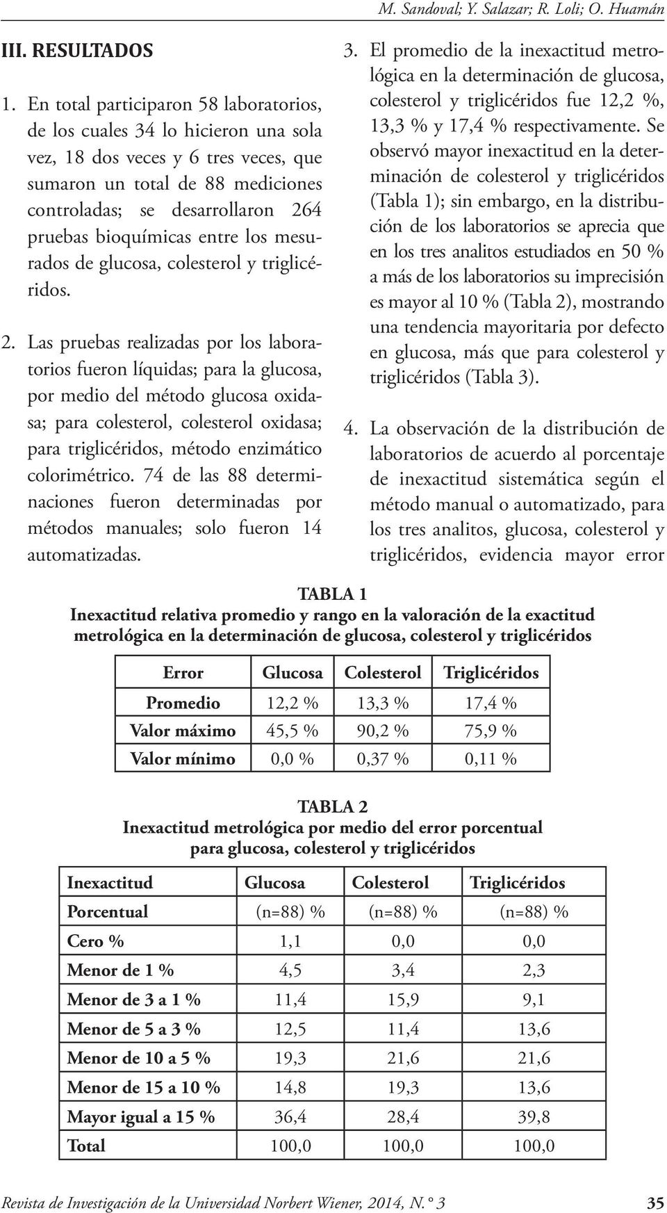 bioquímicas entre los mesurados de glucosa, colesterol y triglicéridos. 2.