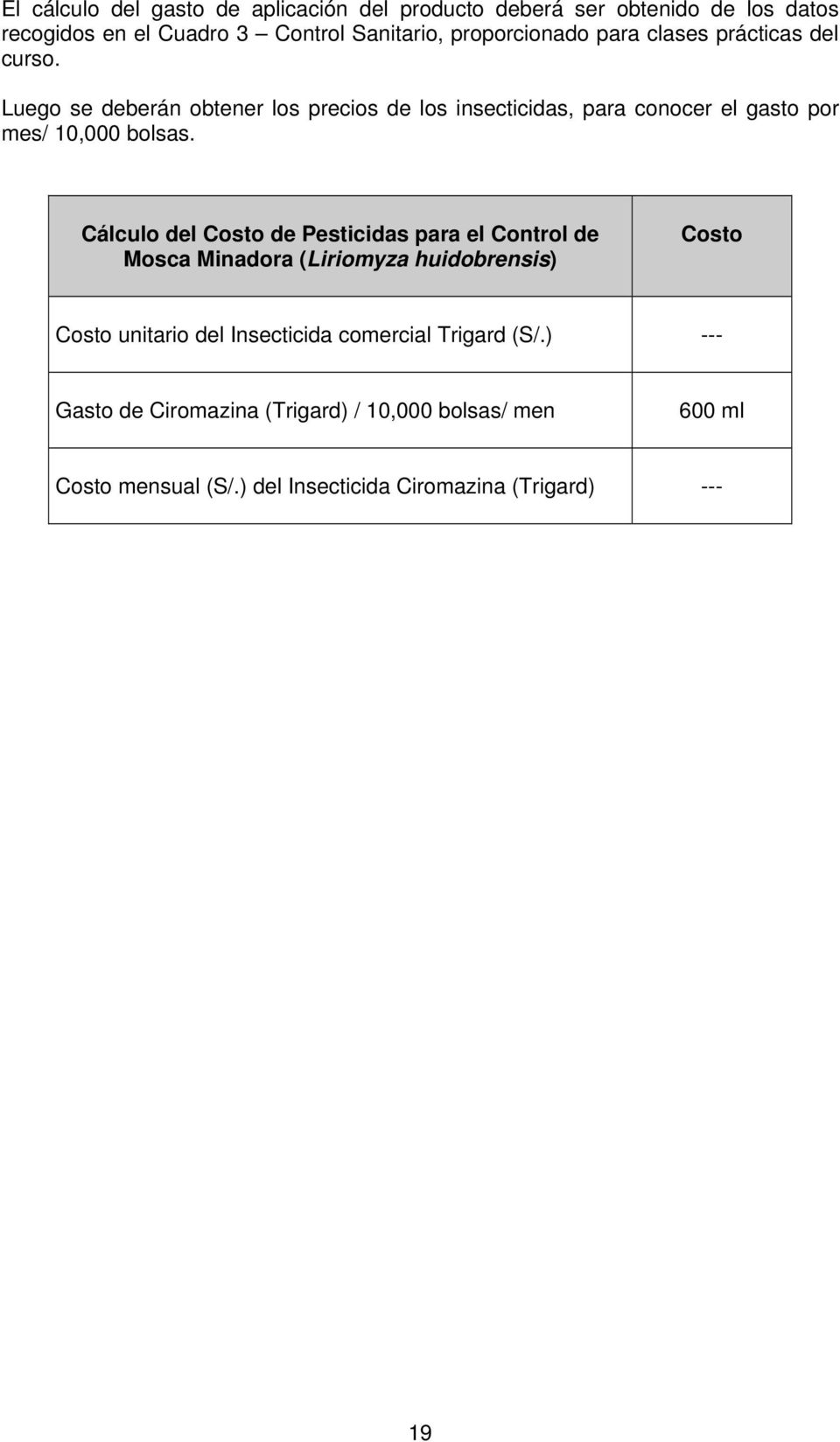 Cálculo del Costo de Pesticidas para el Control de Mosca Minadora (Liriomyza huidobrensis) Costo Costo unitario del Insecticida comercial