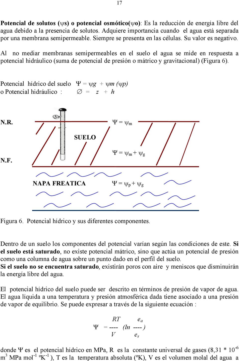 Al no mediar membranas semipermeables en el suelo el agua se mide en respuesta a potencial hidráulico (suma de potencial de presión o mátrico y gravitacional) (Figura 6).