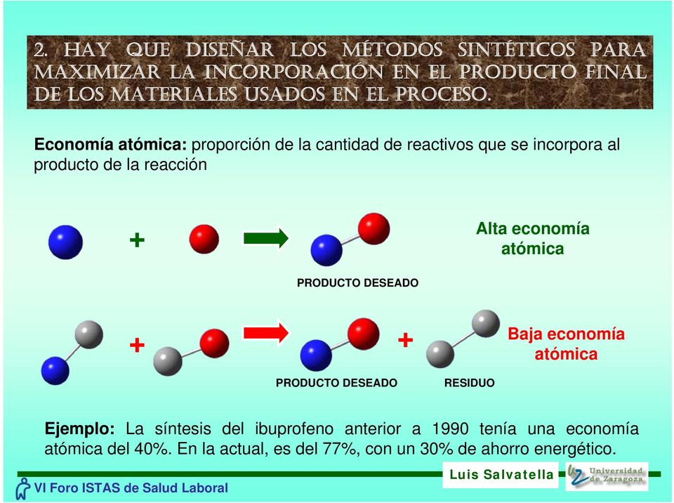 Economía atómica: proporción de la cantidad de reactivos que se incorpora al producto de la reacción + Alta economía