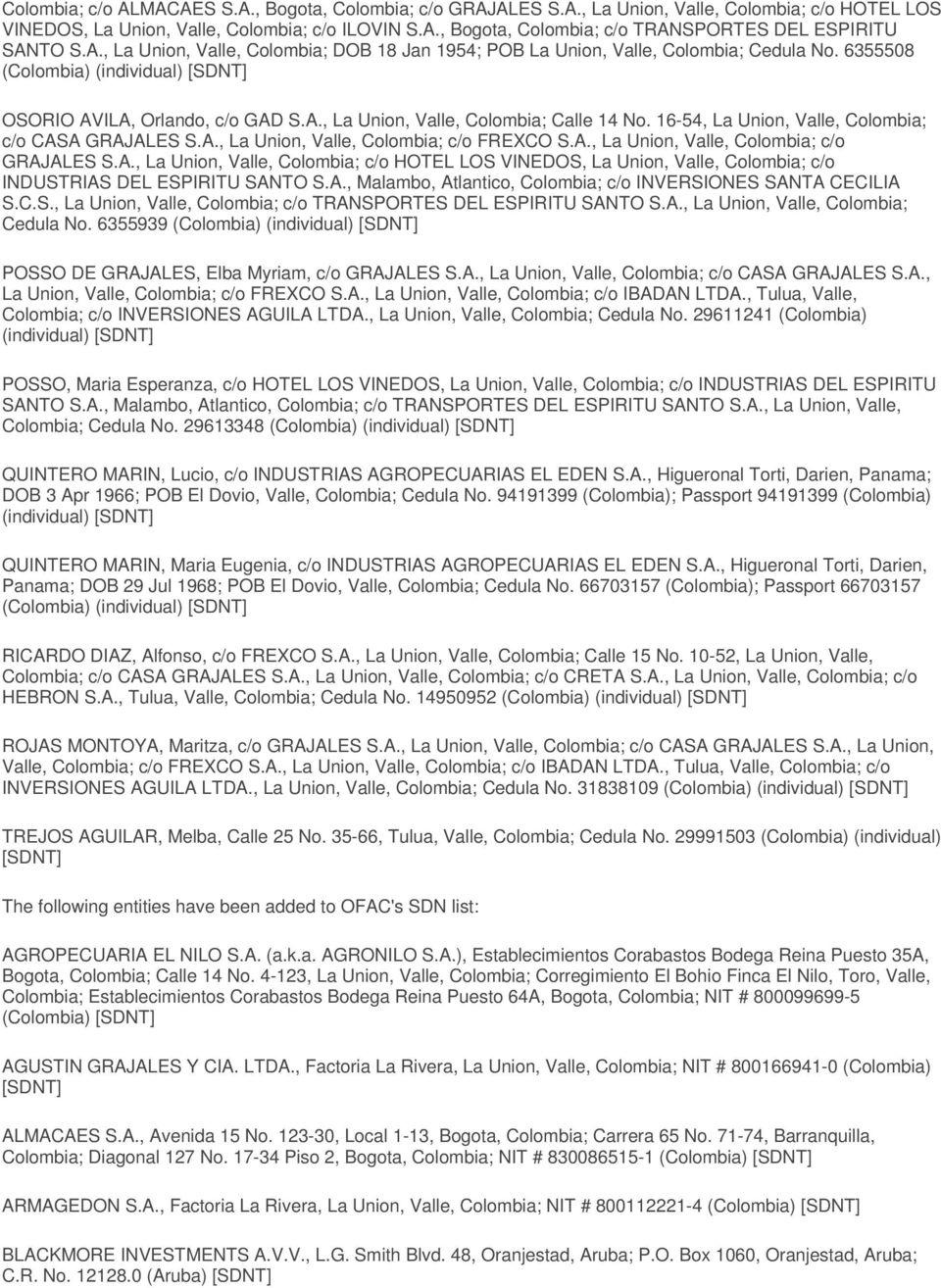 16-54, La Union, Valle, Colombia; c/o CASA GRAJALES S.A., La Union, Valle, Colombia; c/o FREXCO S.A., La Union, Valle, Colombia; c/o GRAJALES S.A., La Union, Valle, Colombia; c/o HOTEL LOS VINEDOS, La Union, Valle, Colombia; c/o INDUSTRIAS DEL ESPIRITU SANTO S.